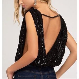 She + Sky Sequin Open Back Tank Top Black
